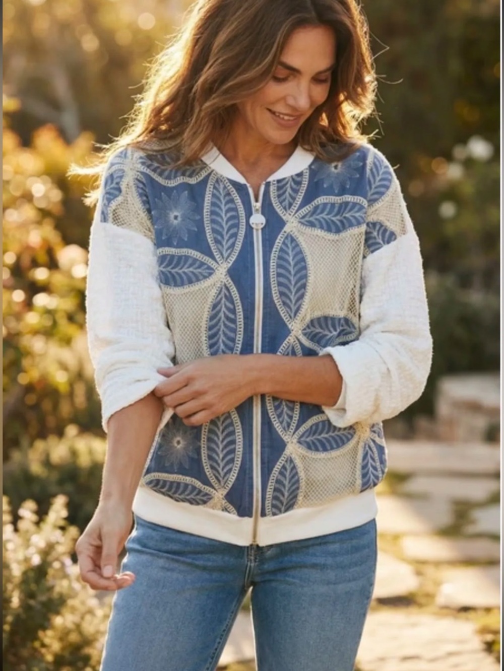 MADE IN ITALY COTTON Blue and Cream Patterned Zip-Front Boho  Jacket